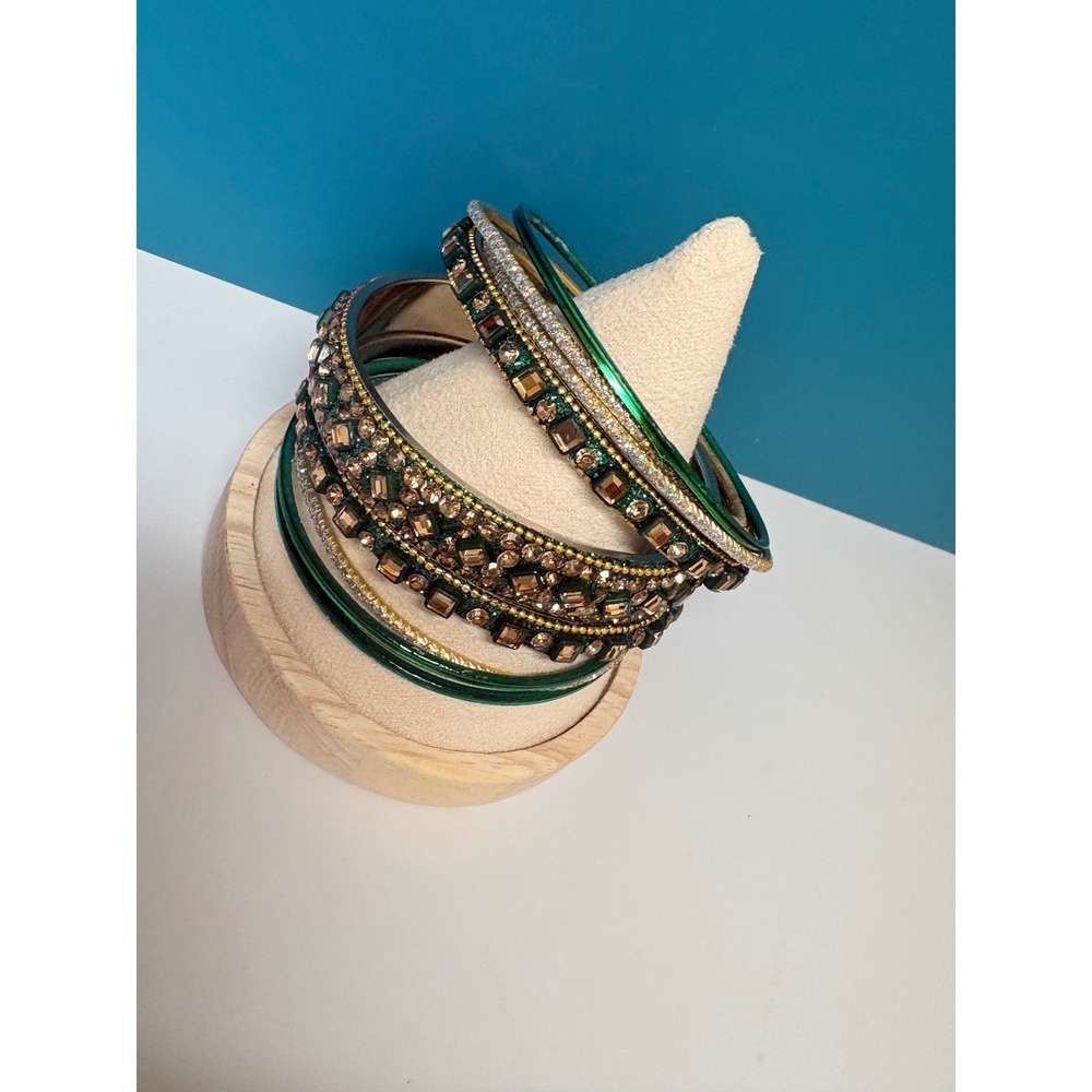9pc Emerald Green Gold Crystal Stackable Bangle Bracelet Set Indian Style